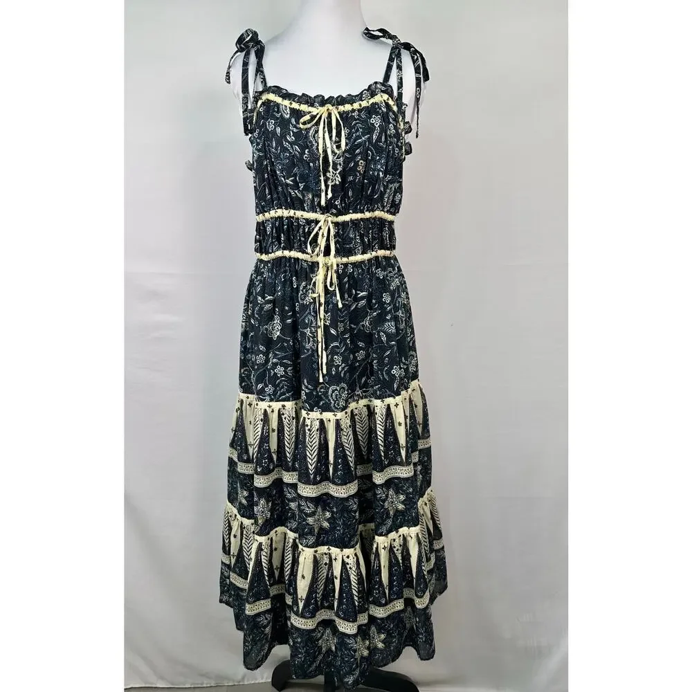 NWT Christian Lacroix Floral Midi Dress Dark Blue Cream Adjustable Straps Size L - Picture 2 of 12